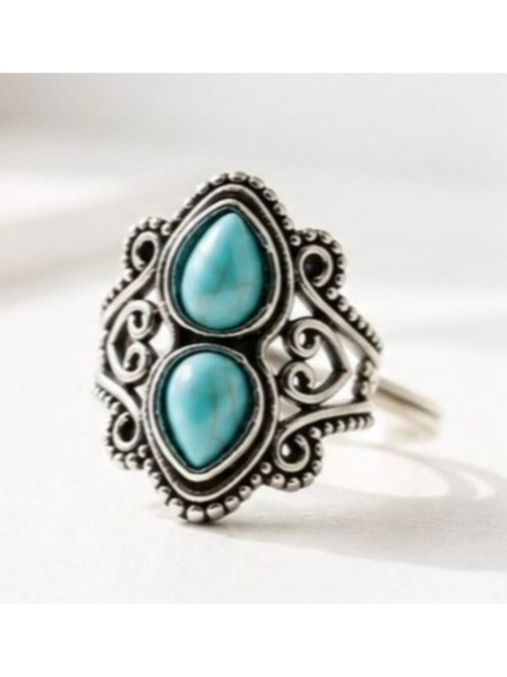 Vintage Silver-Tone Turquoise Ring With Ornate Filigree Design Size 7